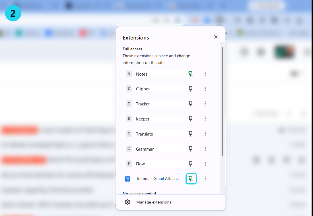 Chrome's Extensions menu with the pin beside Tolomail highlighted.