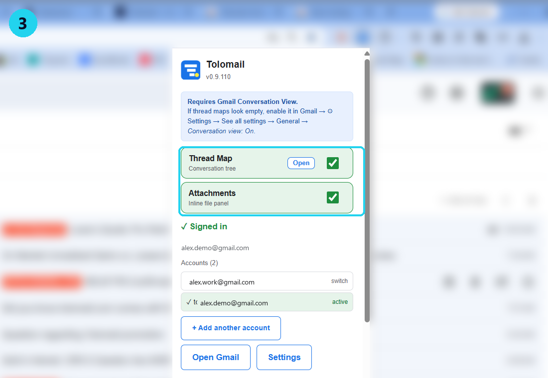 The Tolomail popup open from the toolbar, showing the Thread Map and Attachments switches highlighted.