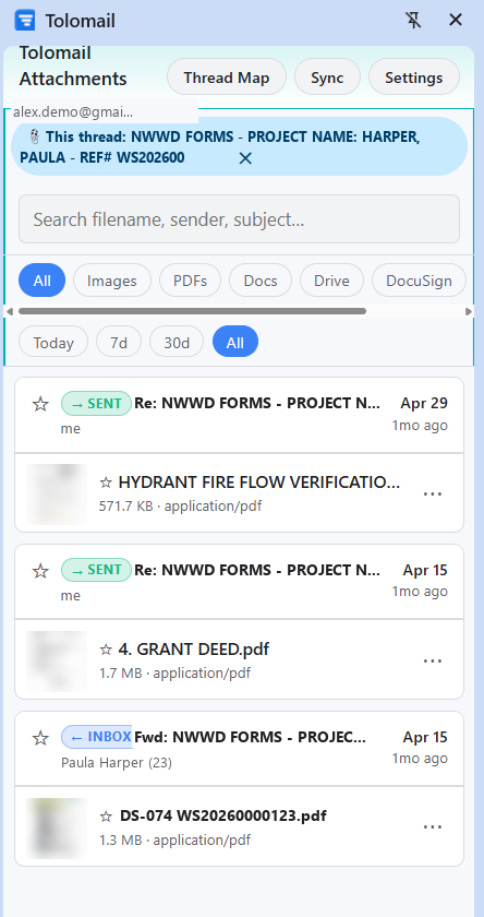 The Attachments side panel filtered to the open thread: type and date filters, PDF rows with thumbnails, sent and inbox badges, and senders with email counts.